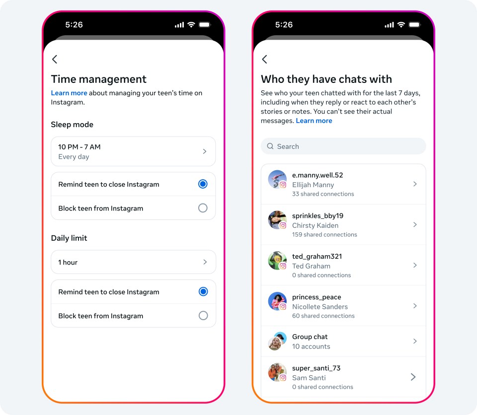 Two screens, one showing the Time management page and the other showing user chat history