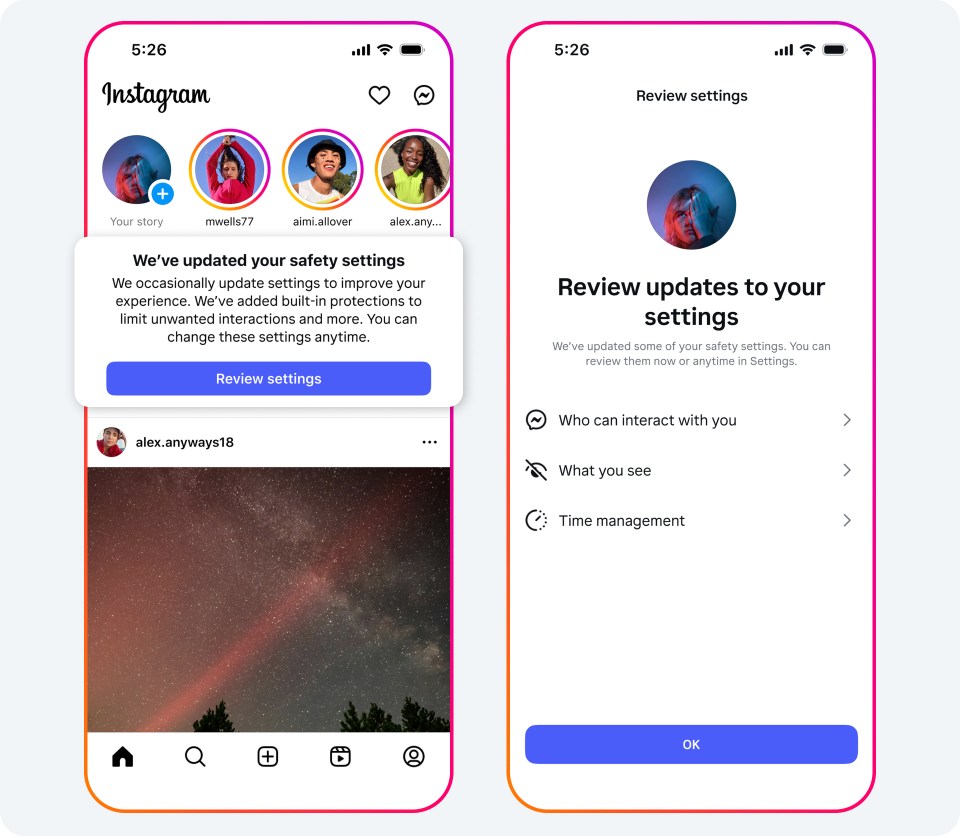 Image showing in-app prompt to review updated safety settings