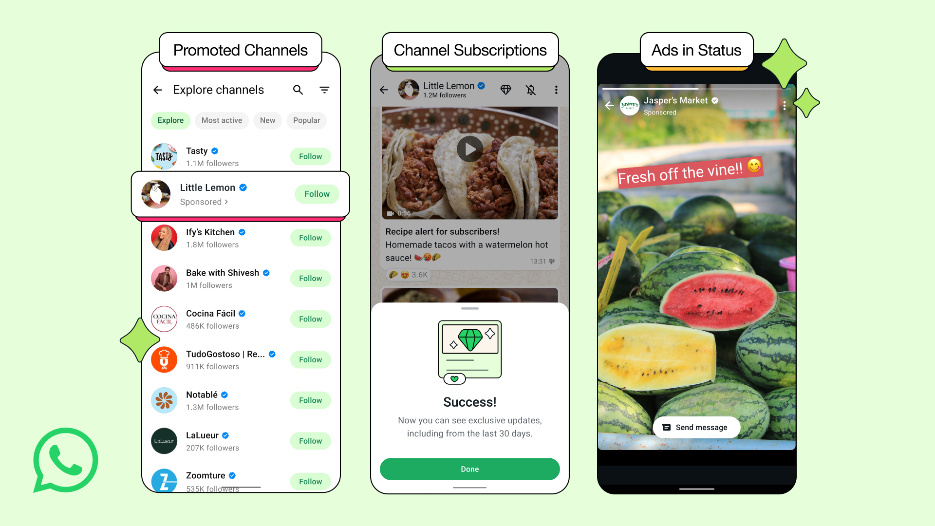 Ads, promoted channels and channel subscriptions WhatsApp interfaces
