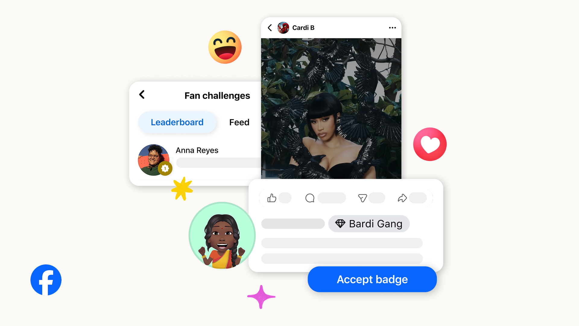 Image of Cardi B, the "fan challenges" interface, and a person with the "Bardi Gang" fan challenge