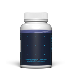 Ashwagandha + Rhodiola Supplement bottle with blue label on a white background