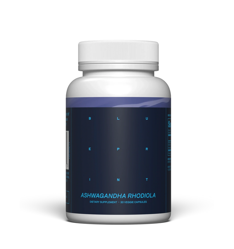 Ashwagandha + Rhodiola Supplement bottle with blue label on a white background