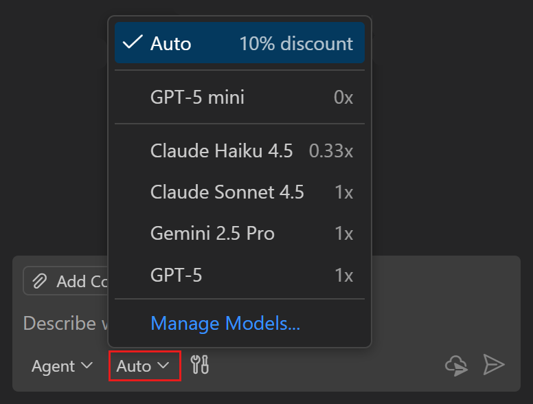Screenshot that shows the model picker in the Chat view.