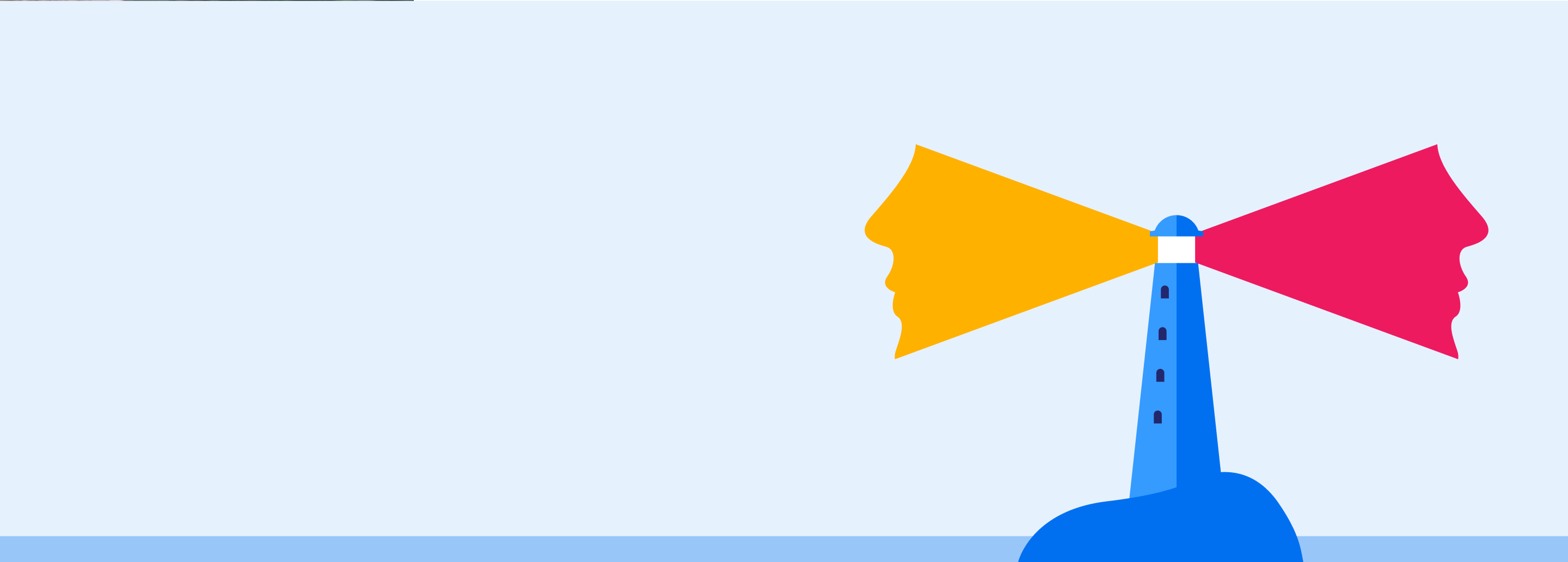 Illustration of lighthouse projecting profile of two faces