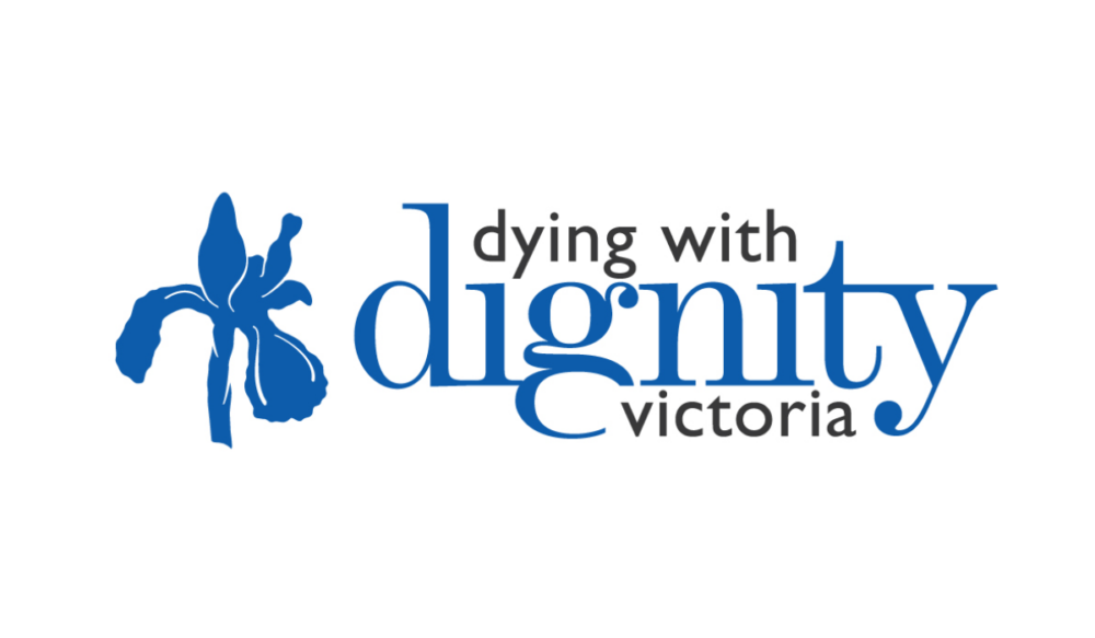 Dying with Dignity Victoria logo: Blue text accompanied by an iris flower graphic, symbolizing compassion, dignity, and end-of-life support services.