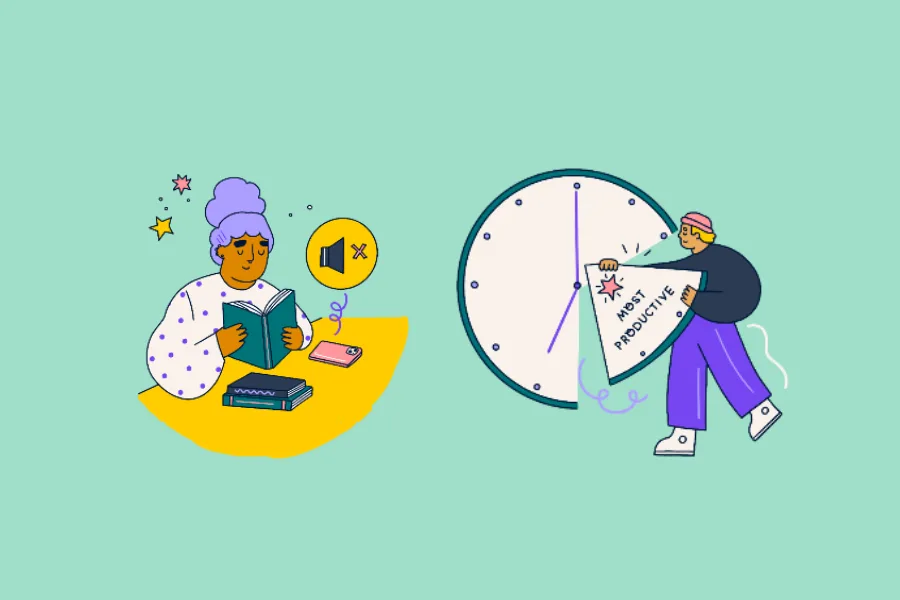 An illustration of a young person reading a text book with their phone face down on the table. The phone is set to mute. Another illustration shows a young person next to a giant clock. One quarter of the clock is labelled as "most productive".