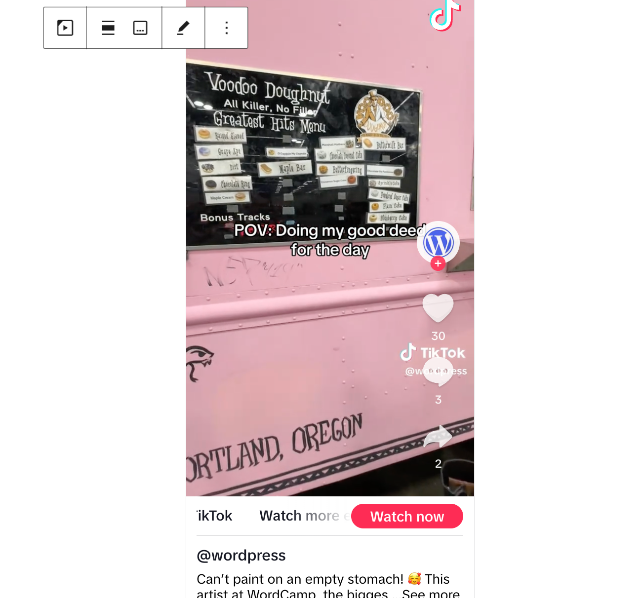 TikTok video from WordPress.com embedded in the block editor