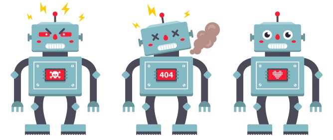 set of robots on a white background. evil, broken and kind iron cyborg. Vector flat character illustration.