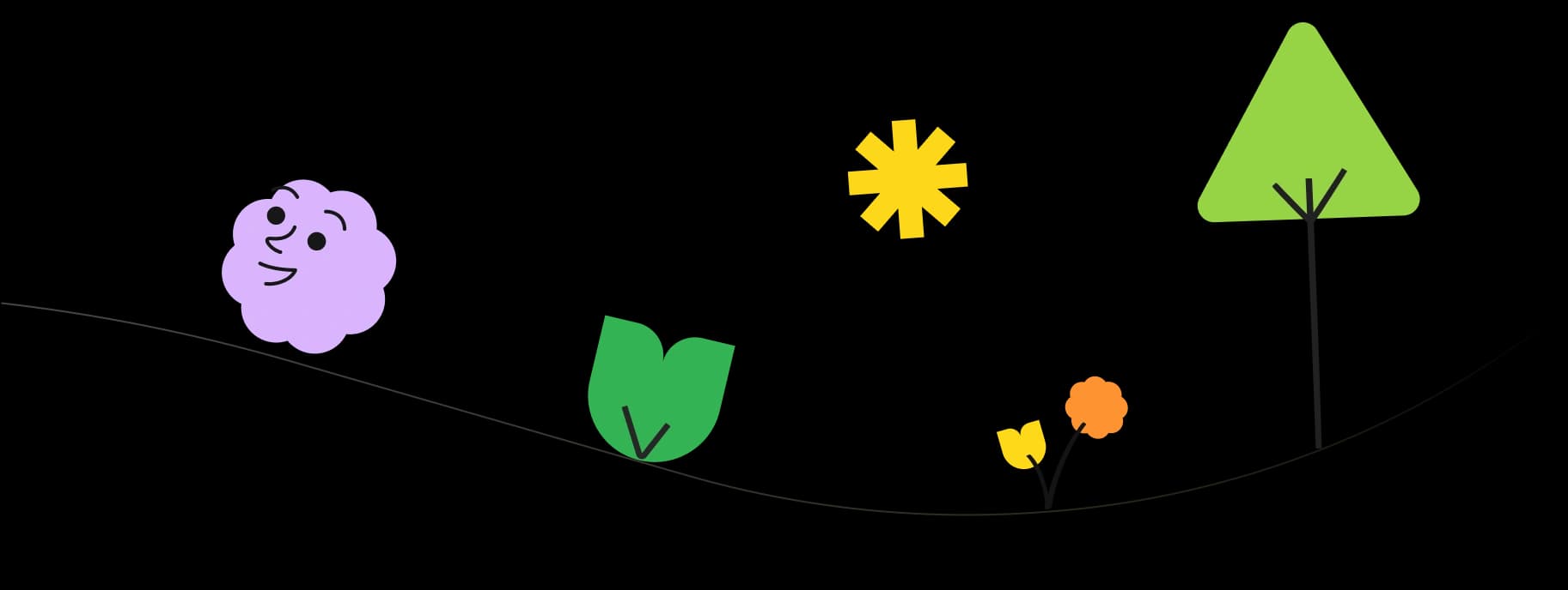 A whimsical landscape featuring a smiling purple mascot, green leaves, a yellow flower, and a green tree against a light background.